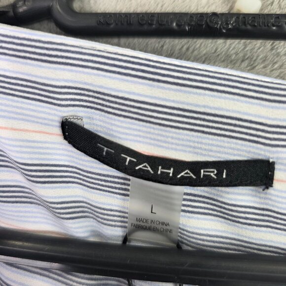 Womens Tahari Blue Striped Blouse Long Sleeve Button Down V-Neck Ruffle Cuff L - Picture 3 of 9